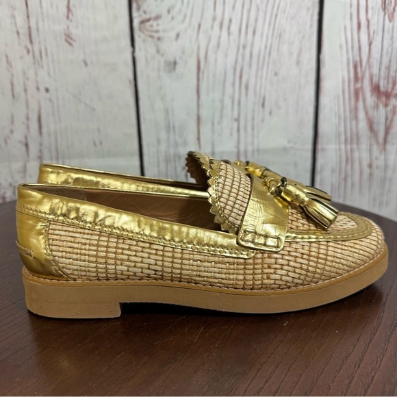 TORY BURCH Raffia & Metallic Gold Leather Trims Loafers in size 6 New - Picture 13 of 15